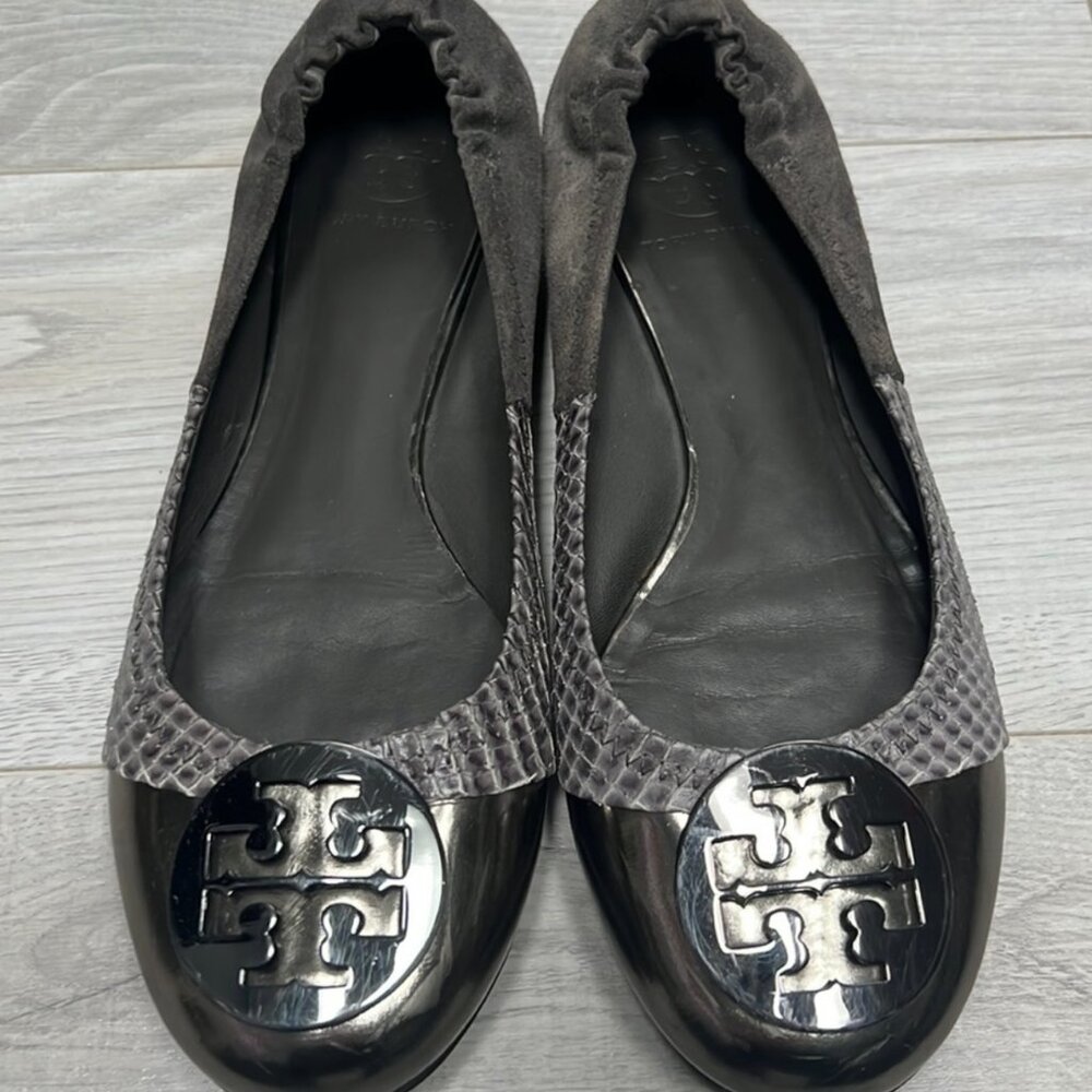 Tory Burch Croc Reva Ballet Flat Silver Sz 8